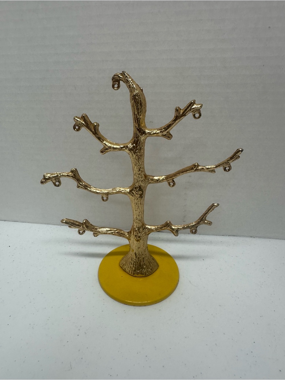 Vintage Gold Tone Metal Jewelry Tree Stand Yellow Base Earring Display Organizer